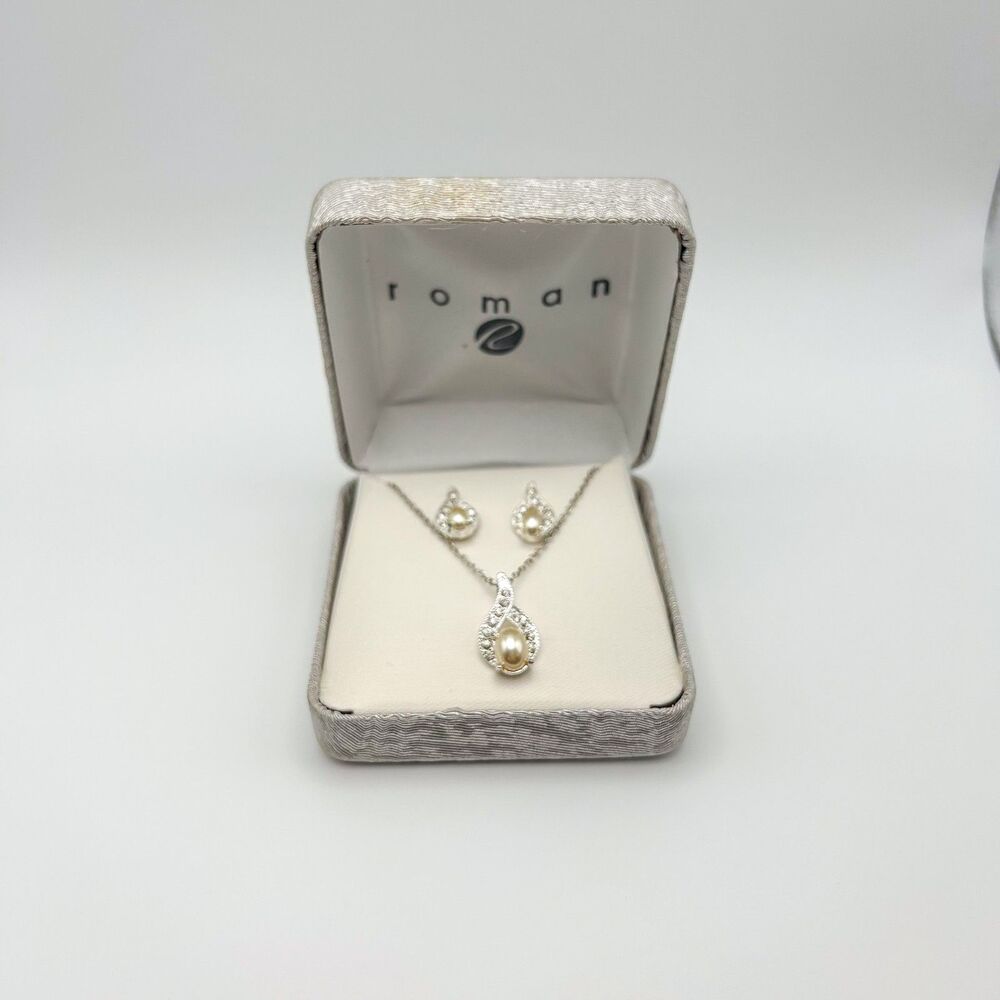 Vintage Roman CZ and Faux Pearl Necklace and Earring Set NIB